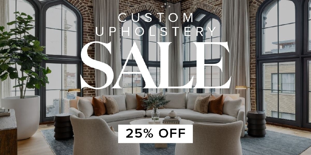 HW Home Custom Upholstery Sale featuring a customizable sectional, 25% off custom upholstery and rugs