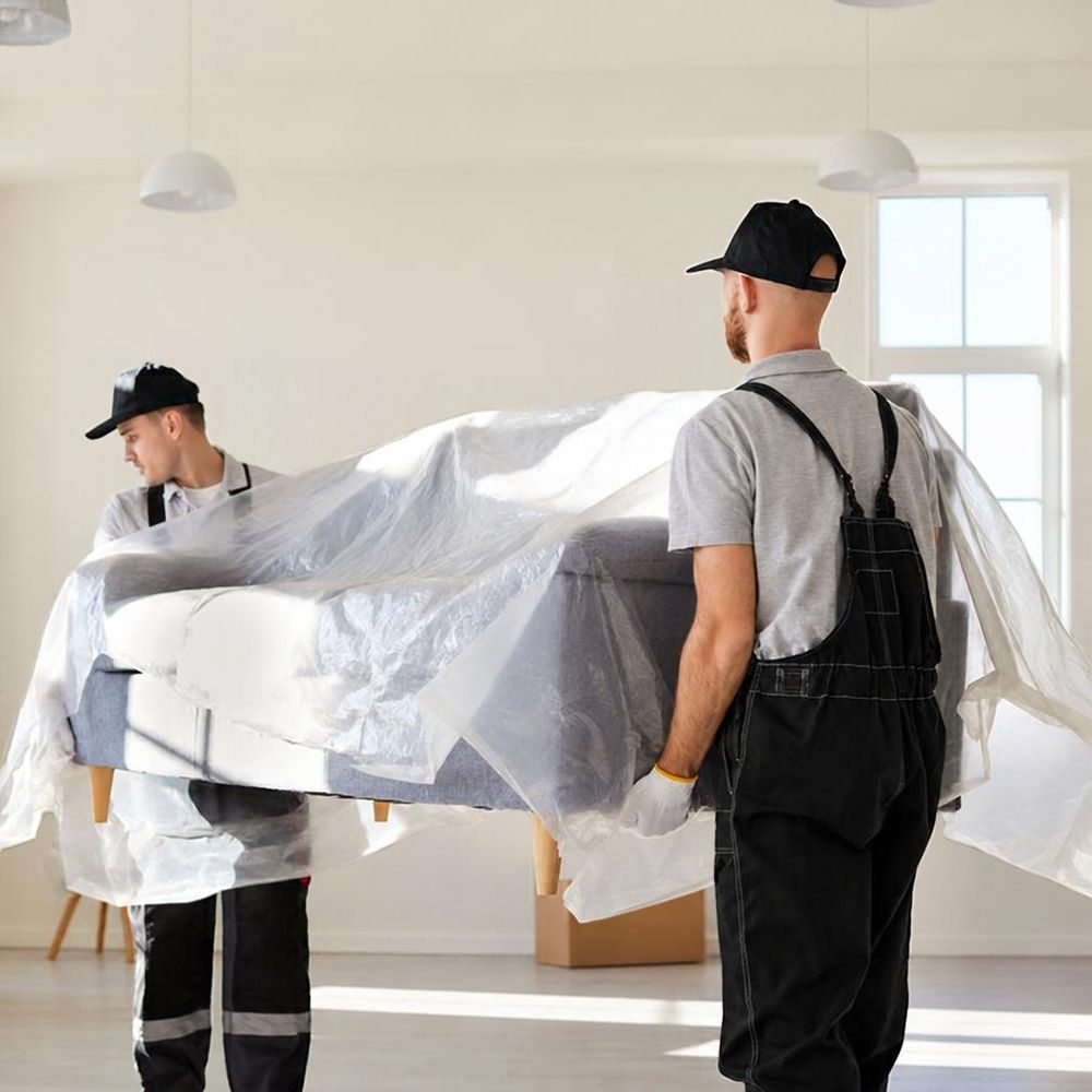 Two delivery professionals carry a protected sofa into a home