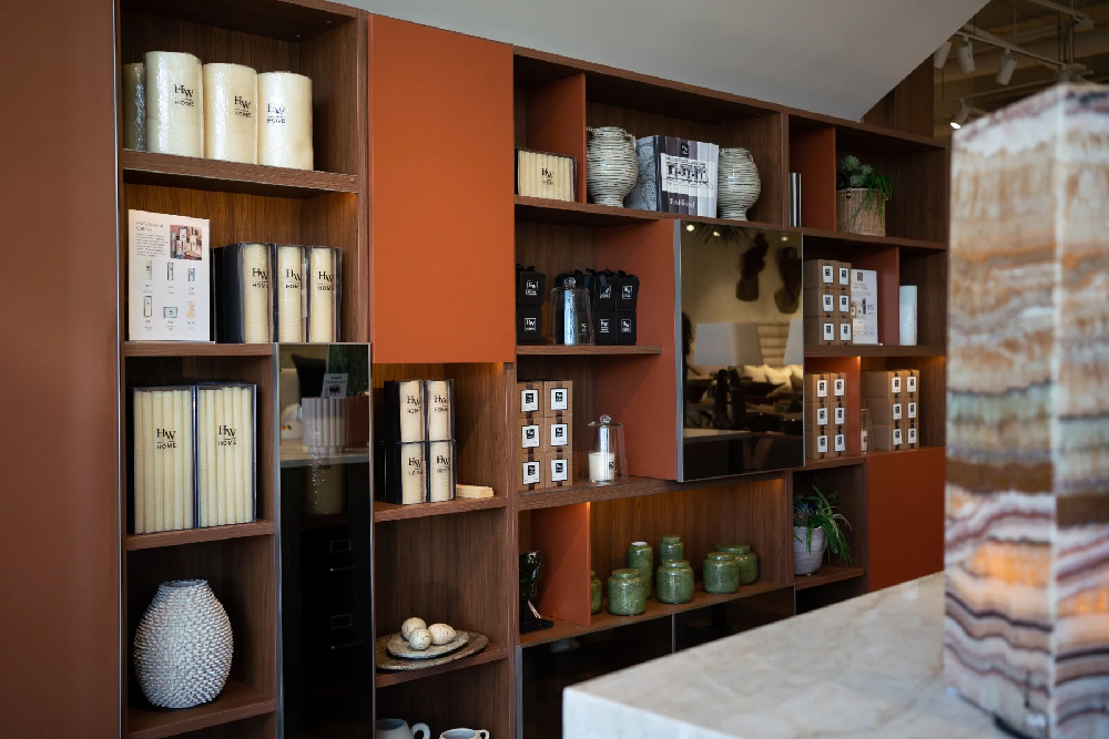 Details and curated accessories inside the HW Home flagship showroom